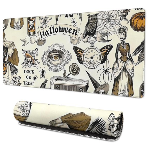 Long Mouse Pads for Desk,Beige Halloween Skull Pumpkin Pattern Desk Mats on Top Of Desks, Desk Mouse Pad Extra Large with 3mm Non-Slip Base and Stitched Edge for Gaming,Office,Work,Home 35.4"x15.7"