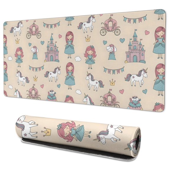 Long Mouse Pads for Desk,Beige Princess Carriage Pattern Desk Mats on Top Of Desks, Desk Mouse Pad Extra Large with 3mm Non-Slip Base and Stitched Edge for Gaming,Office,Work,Home 35.4"x15.7"