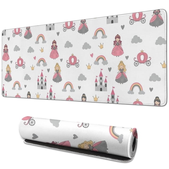 Long Mouse Pads for Desk,Beige Princess Castle Rainbow Pattern Desk Mats on Top Of Desks, Desk Mouse Pad Extra Large with 3mm Non-Slip Base and Stitched Edge for Gaming,Office,Work,Home 31.5"x11.8"