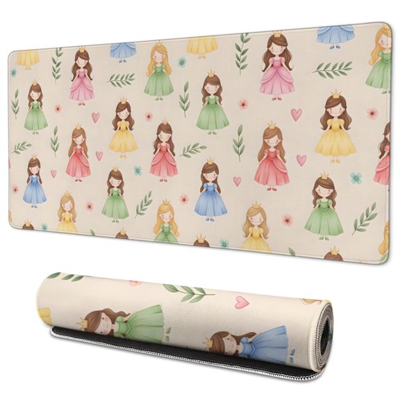 Long Mouse Pads for Desk,Beige Princess Dress Pattern Desk Mats on Top Of Desks, Desk Mouse Pad Extra Large with 3mm Non-Slip Base and Stitched Edge for Gaming,Office,Work,Home 35.4"x15.7"