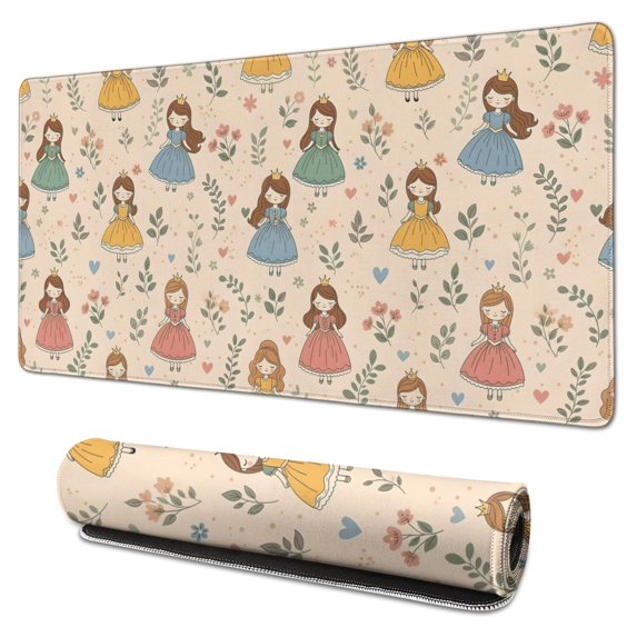 Long Mouse Pads for Desk,Beige Princess Leaf Pattern Desk Mats on Top Of Desks, Desk Mouse Pad Extra Large with 3mm Non-Slip Base and Stitched Edge for Gaming,Office,Work,Home 31.5"x15.7"