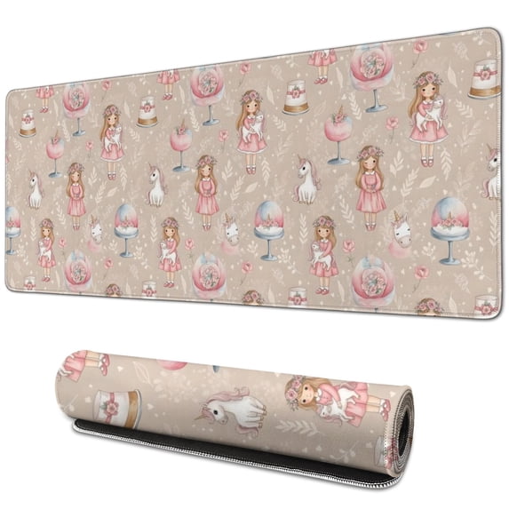 Long Mouse Pads for Desk,Beige Princess Unicorn Pattern Desk Mats on Top Of Desks, Desk Mouse Pad Extra Large with 3mm Non-Slip Base and Stitched Edge for Gaming,Office,Work,Home 31.5"x11.8"