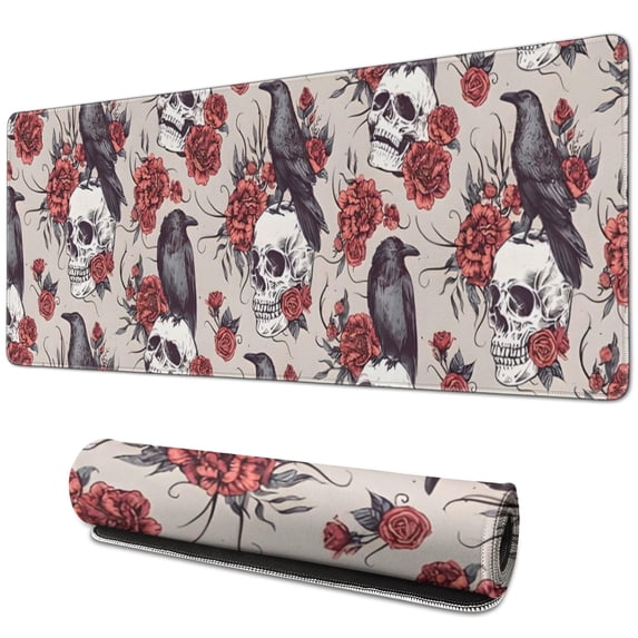 Long Mouse Pads for Desk,Beige Skull Crow Flower Pattern Desk Mats on Top Of Desks, Desk Mouse Pad Extra Large with 3mm Non-Slip Base and Stitched Edge for Gaming,Office,Work,Home 31.5"x11.8"