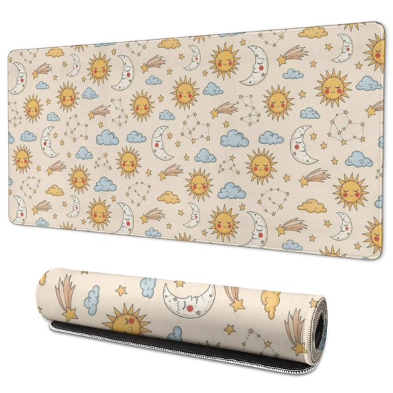 Long Mouse Pads for Desk,Beige Sun Moon Cloud Star Pattern Desk Mats on Top Of Desks, Desk Mouse Pad Extra Large with 3mm Non-Slip Base and Stitched Edge for Gaming,Office,Work,Home 35.4"x15.7"