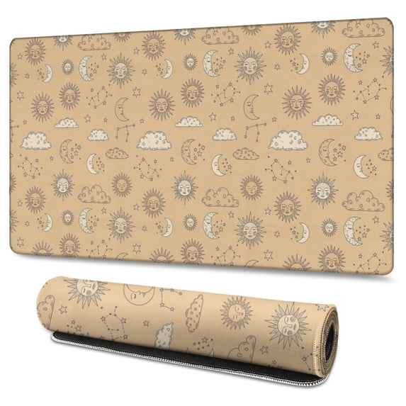 Long Mouse Pads for Desk,Beige Sun Moon Cloud Star Pattern Desk Mats on Top Of Desks, Desk Mouse Pad Extra Large with 3mm Non-Slip Base and Stitched Edge for Gaming,Office,Work,Home 47.3"x23.6"