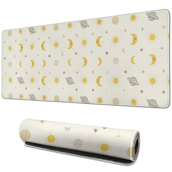 Long Mouse Pads for Desk,Beige Sun Moon Planet Star Pattern Desk Mats on Top Of Desks, Desk Mouse Pad Extra Large with 3mm Non-Slip Base and Stitched Edge for Gaming,Office,Work,Home 31.5"x11.8"