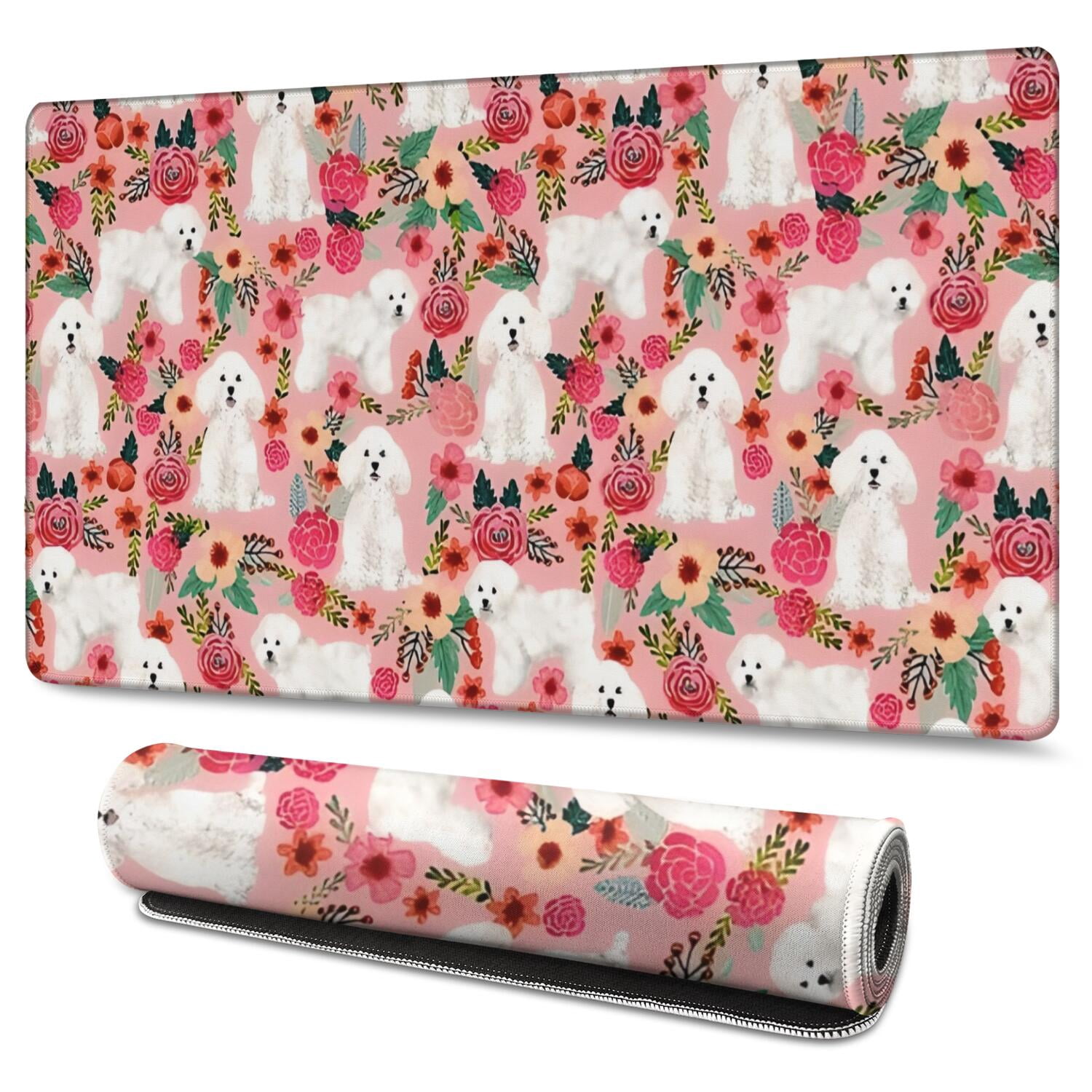 Long Mouse Pads for Desk,Bichon Frise Dog and Pioneer Flower Desk Mats on Top Of Desks, Desk Mouse Pad Extra Large with 3mm Non-Slip Base and Stitched Edge for Gaming,Office,Work,Home 47.3"x23.6"