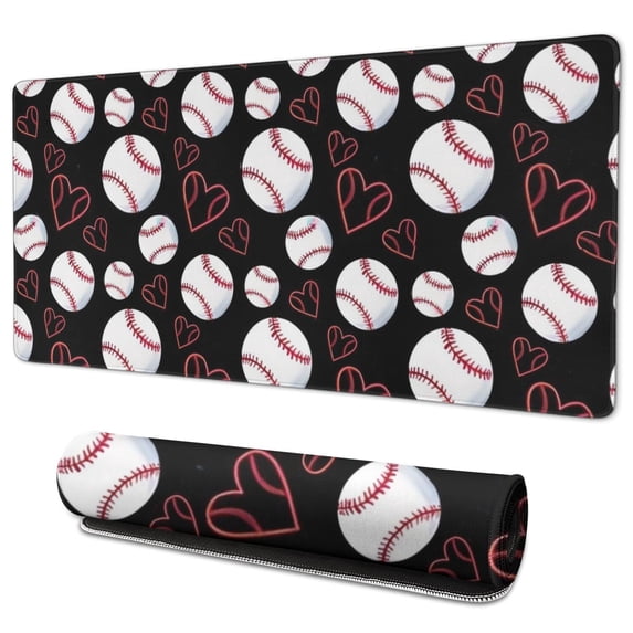 Long Mouse Pads for Desk,Black Baseballs and Hearts Pattern Desk Mats on Top Of Desks, Desk Mouse Pad Extra Large with 3mm Non-Slip Base and Stitched Edge for Gaming,Office,Work,Home 35.4"x15.7"