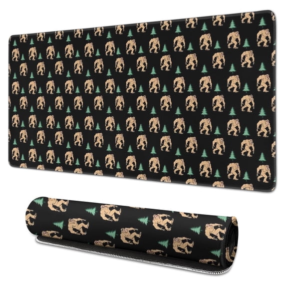 Long Mouse Pads for Desk,Black Bigfoot and Tree Pattern Desk Mats on Top Of Desks, Desk Mouse Pad Extra Large with 3mm Non-Slip Base and Stitched Edge for Gaming,Office,Work,Home 31.5"x15.7"