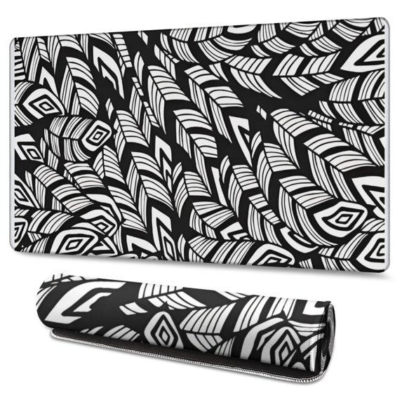 Long Mouse Pads for Desk,Black Boho Tribal Feathers Pattern Desk Mats on Top Of Desks, Desk Mouse Pad Extra Large with 3mm Non-Slip Base and Stitched Edge for Gaming,Office,Work,Home 47.3"x23.6"