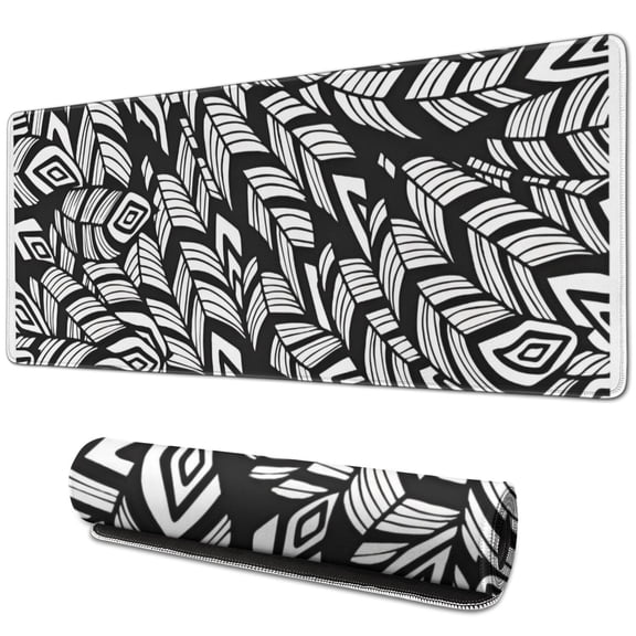 Long Mouse Pads for Desk,Black Boho Tribal Feathers Pattern Desk Mats on Top Of Desks, Desk Mouse Pad Extra Large with 3mm Non-Slip Base and Stitched Edge for Gaming,Office,Work,Home 31.5"x11.8"