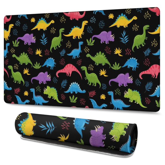 Long Mouse Pads for Desk,Black Cartoon Colorful Dinosaurs Plants Desk Mats on Top Of Desks, Desk Mouse Pad Extra Large with 3mm Non-Slip Base and Stitched Edge for Gaming,Work,Home 47.3"x23.6"