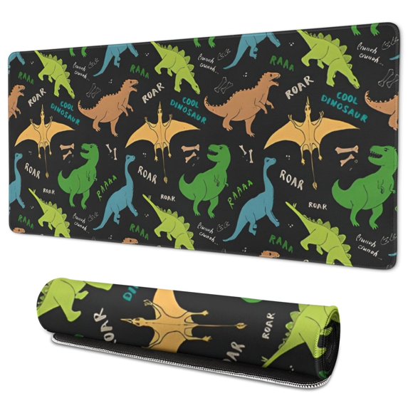 Long Mouse Pads for Desk,Black Cartoon Dinosaurs Text Pattern Desk Mats on Top Of Desks, Desk Mouse Pad Extra Large with 3mm Non-Slip Base and Stitched Edge for Gaming,Office,Work,Home 35.4"x15.7"