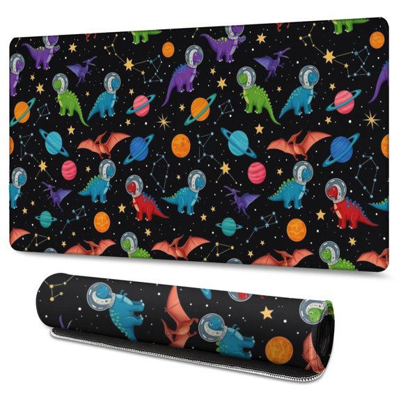 Long Mouse Pads for Desk,Black Cartoon Space Dinosaurs Pattern Desk Mats on Top Of Desks, Desk Mouse Pad Extra Large with 3mm Non-Slip Base and Stitched Edge for Gaming,Office,Work,Home 47.3"x23.6"