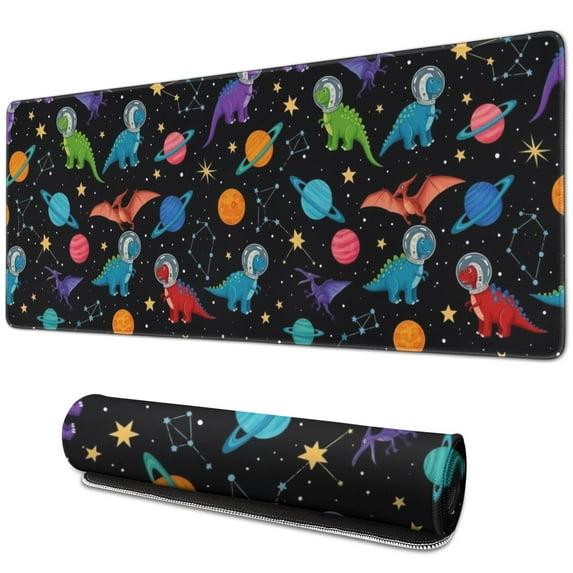 Long Mouse Pads for Desk,Black Cartoon Space Dinosaurs Pattern Desk Mats on Top Of Desks, Desk Mouse Pad Extra Large with 3mm Non-Slip Base and Stitched Edge for Gaming,Office,Work,Home 31.5"x11.8"
