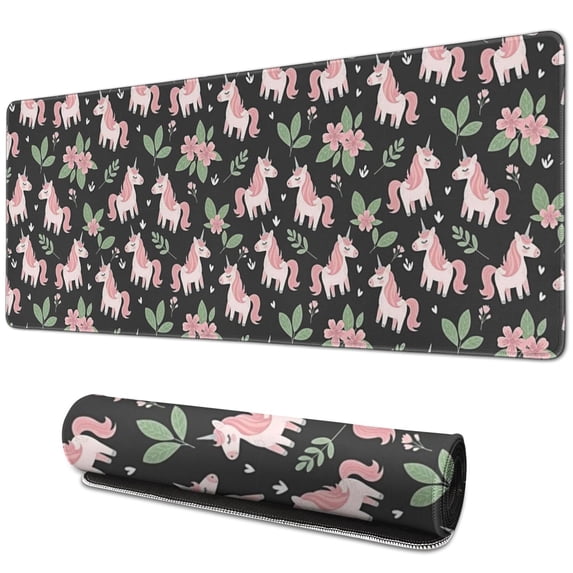 Long Mouse Pads for Desk,Black Cartoon Unicorn Floral Pattern Desk Mats on Top Of Desks, Desk Mouse Pad Extra Large with 3mm Non-Slip Base and Stitched Edge for Gaming,Office,Work,Home 31.5"x11.8"