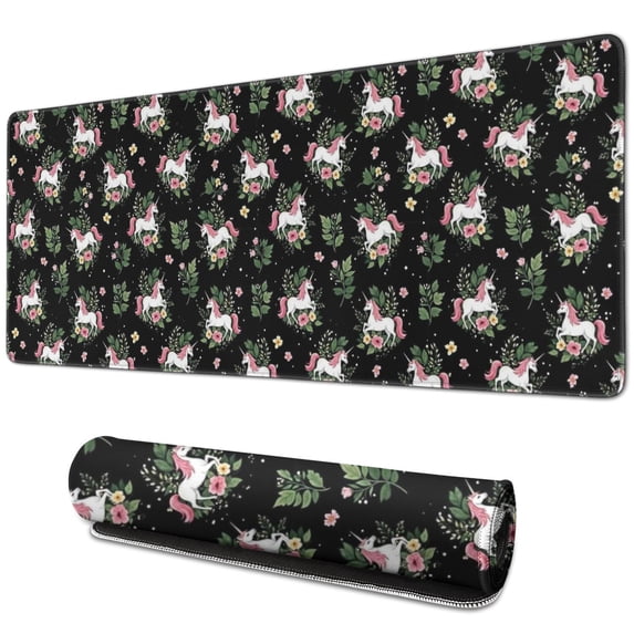 Long Mouse Pads for Desk,Black Cartoon Unicorn Flower Leaf Desk Mats on Top Of Desks, Desk Mouse Pad Extra Large with 3mm Non-Slip Base and Stitched Edge for Gaming,Work,Home 31.5"x11.8"