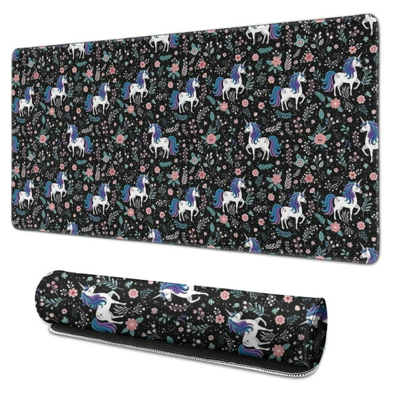 Long Mouse Pads for Desk,Black Cartoon Unicorn Flower Pattern Desk Mats on Top Of Desks, Desk Mouse Pad Extra Large with 3mm Non-Slip Base and Stitched Edge for Gaming,Office,Work,Home 31.5"x15.7"