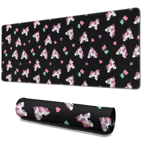 Long Mouse Pads for Desk,Black Cartoon Unicorn Heart Pattern Desk Mats on Top Of Desks, Desk Mouse Pad Extra Large with 3mm Non-Slip Base and Stitched Edge for Gaming,Office,Work,Home 31.5"x11.8"