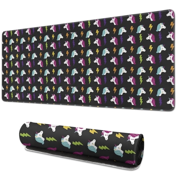 Long Mouse Pads for Desk,Black Cartoon Unicorn Lightning Pattern Desk Mats on Top Of Desks, Desk Mouse Pad Extra Large with 3mm Non-Slip Base and Stitched Edge for Gaming,Office,Work,Home 31.5"x11.8"