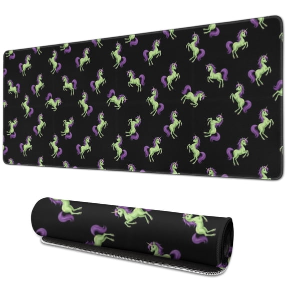Long Mouse Pads for Desk,Black Cartoon Unicorn Pattern Desk Mats on Top Of Desks, Desk Mouse Pad Extra Large with 3mm Non-Slip Base and Stitched Edge for Gaming,Office,Work,Home 31.5"x11.8"