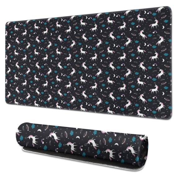 Long Mouse Pads for Desk,Black Cartoon Unicorn Pattern Desk Mats on Top Of Desks, Desk Mouse Pad Extra Large with 3mm Non-Slip Base and Stitched Edge for Gaming,Office,Work,Home 31.5"x15.7"