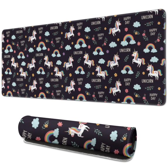 Long Mouse Pads for Desk,Black Cartoon Unicorn Rainbow Desk Mats on Top Of Desks, Desk Mouse Pad Extra Large with 3mm Non-Slip Base and Stitched Edge for Gaming,Office,Work,Home 31.5"x11.8"
