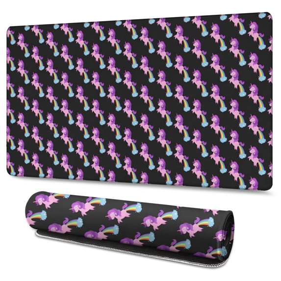 Long Mouse Pads for Desk,Black Cartoon Unicorn Rainbow Pattern Desk Mats on Top Of Desks, Desk Mouse Pad Extra Large with 3mm Non-Slip Base and Stitched Edge for Gaming,Office,Work,Home 47.3"x23.6"