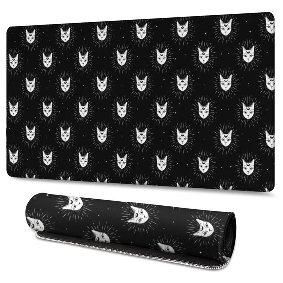 Long Mouse Pads for Desk,Black Cat Head Pattern Desk Mats on Top Of Desks, Desk Mouse Pad Extra Large with 3mm Non-Slip Base and Stitched Edge for Gaming,Office,Work,Home 47.3"x23.6"