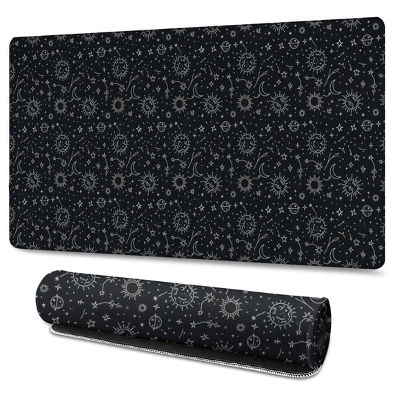 Long Mouse Pads for Desk,Black Celestial Symbol Pattern Desk Mats on Top Of Desks, Desk Mouse Pad Extra Large with 3mm Non-Slip Base and Stitched Edge for Gaming,Office,Work,Home 47.3"x23.6"