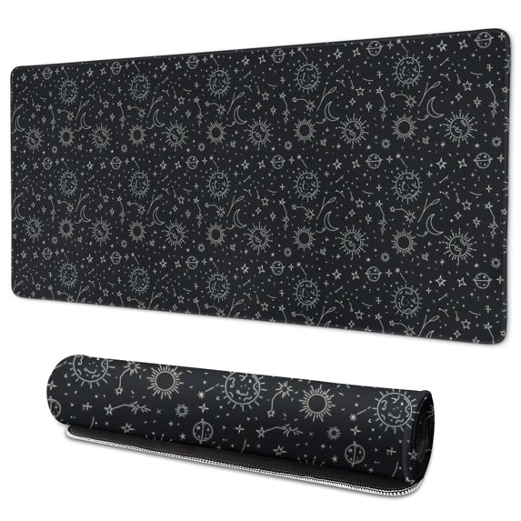 Long Mouse Pads for Desk,Black Celestial Symbol Pattern Desk Mats on Top Of Desks, Desk Mouse Pad Extra Large with 3mm Non-Slip Base and Stitched Edge for Gaming,Office,Work,Home 35.4"x15.7"