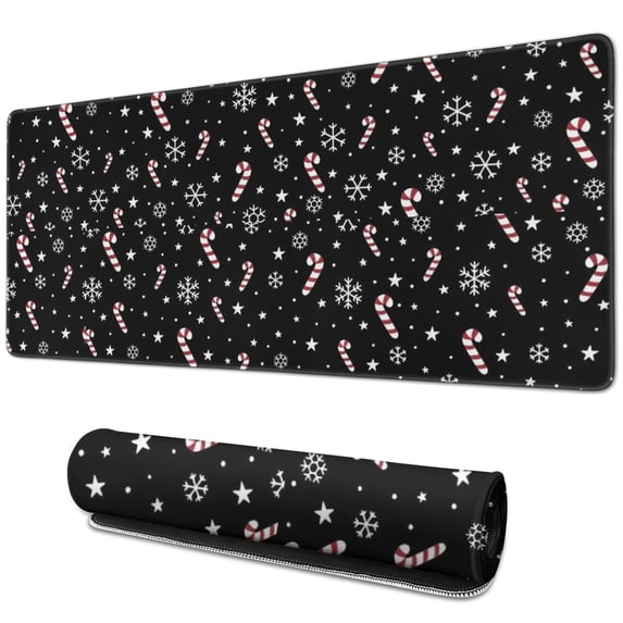 Long Mouse Pads for Desk,Black Christmas Candy Cane and Snowflake Desk Mats on Top Of Desks, Desk Mouse Pad Extra Large with 3mm Non-Slip Base and Stitched Edge for Gaming,Work,Home 31.5x11.8in