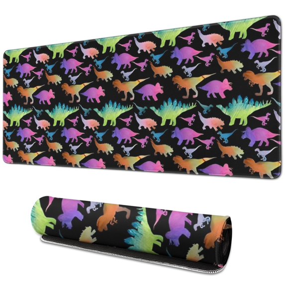 Long Mouse Pads for Desk,Black Colorful Dinosaurs Pattern Desk Mats on Top Of Desks, Desk Mouse Pad Extra Large with 3mm Non-Slip Base and Stitched Edge for Gaming,Office,Work,Home 31.5"x11.8"
