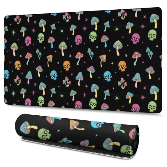 Long Mouse Pads for Desk,Black Colorful Skull Mushroom Pattern Desk Mats on Top Of Desks, Desk Mouse Pad Extra Large with 3mm Non-Slip Base and Stitched Edge for Gaming,Office,Work,Home 47.3"x23.6"