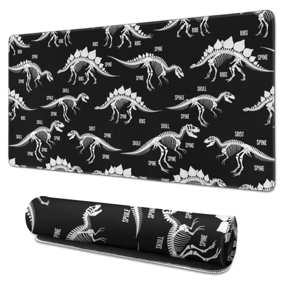 Long Mouse Pads for Desk,Black Dinosaurs Skeleton Text Pattern Desk Mats on Top Of Desks, Desk Mouse Pad Extra Large with 3mm Non-Slip Base and Stitched Edge for Gaming,Office,Work,Home 31.5"x15.7"