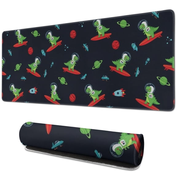 Long Mouse Pads for Desk,Black Dinosaurs Space Surfing Pattern Desk Mats on Top Of Desks, Desk Mouse Pad Extra Large with 3mm Non-Slip Base and Stitched Edge for Gaming,Office,Work,Home 31.5"x11.8"