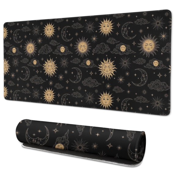 Long Mouse Pads for Desk,Black Gold Sun Moon Cloud Pattern Desk Mats on Top Of Desks, Desk Mouse Pad Extra Large with 3mm Non-Slip Base and Stitched Edge for Gaming,Office,Work,Home 35.4"x15.7"