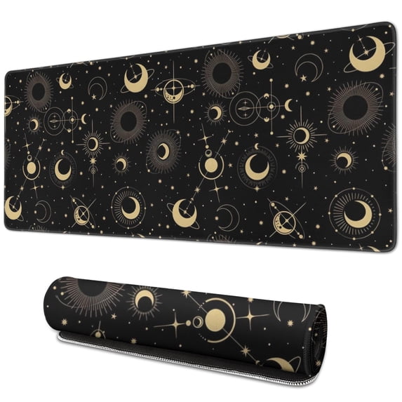 Long Mouse Pads for Desk,Black Gold Sun Moon Pattern Desk Mats on Top Of Desks, Desk Mouse Pad Extra Large with 3mm Non-Slip Base and Stitched Edge for Gaming,Office,Work,Home 31.5"x11.8"