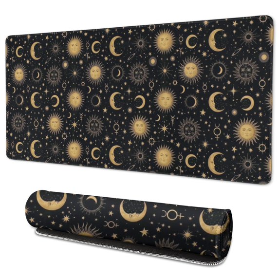 Long Mouse Pads for Desk,Black Gold Sun Moon Star Pattern Desk Mats on Top Of Desks, Desk Mouse Pad Extra Large with 3mm Non-Slip Base and Stitched Edge for Gaming,Office,Work,Home 35.4"x15.7"