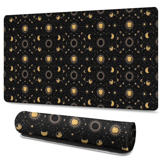 Long Mouse Pads for Desk,Black Gold Sun Moon Star Pattern Desk Mats on Top Of Desks, Desk Mouse Pad Extra Large with 3mm Non-Slip Base and Stitched Edge for Gaming,Office,Work,Home 47.3"x23.6"
