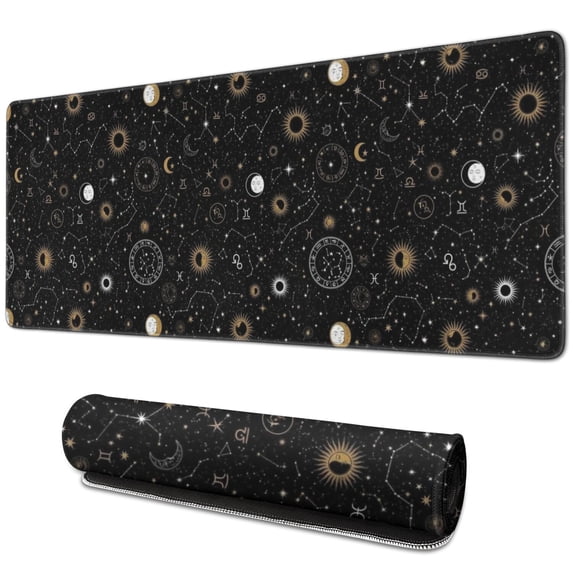 Long Mouse Pads for Desk,Black Gold Zodiac Sun Moon Pattern Desk Mats on Top Of Desks, Desk Mouse Pad Extra Large with 3mm Non-Slip Base and Stitched Edge for Gaming,Office,Work,Home 31.5"x11.8"