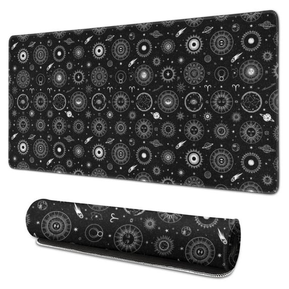 Long Mouse Pads for Desk,Black Gothic Astrology Symbol Pattern Desk Mats on Top Of Desks, Desk Mouse Pad Extra Large with 3mm Non-Slip Base and Stitched Edge for Gaming,Office,Work,Home 31.5"x15.7"