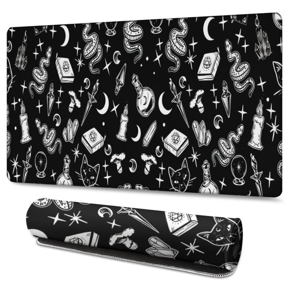 Long Mouse Pads for Desk,Black Gothic Cat Snake Moon Pattern Desk Mats on Top Of Desks, Desk Mouse Pad Extra Large with 3mm Non-Slip Base and Stitched Edge for Gaming,Office,Work,Home 47.3"x23.6"