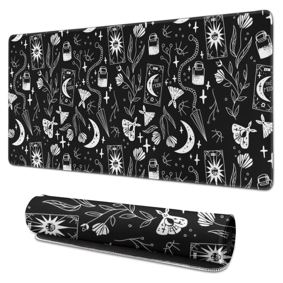 Long Mouse Pads for Desk,Black Gothic Moon Card Moth Pattern Desk Mats on Top Of Desks, Desk Mouse Pad Extra Large with 3mm Non-Slip Base and Stitched Edge for Gaming,Office,Work,Home 31.5"x15.7"