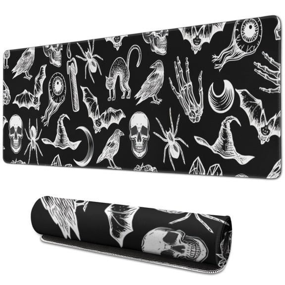 Long Mouse Pads for Desk,Black Gothic Skull Bat Pattern Desk Mats on Top Of Desks, Desk Mouse Pad Extra Large with 3mm Non-Slip Base and Stitched Edge for Gaming,Office,Work,Home 31.5"x11.8"
