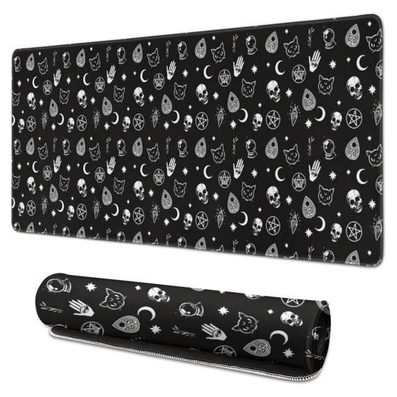 Long Mouse Pads for Desk,Black Gothic Skull Cat Pattern Desk Mats on Top Of Desks, Desk Mouse Pad Extra Large with 3mm Non-Slip Base and Stitched Edge for Gaming,Office,Work,Home 31.5"x15.7"