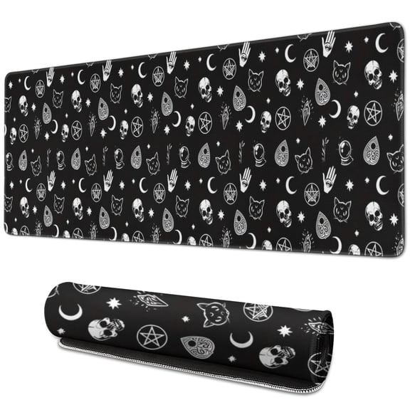 Long Mouse Pads for Desk,Black Gothic Skull Cat Pattern Desk Mats on Top Of Desks, Desk Mouse Pad Extra Large with 3mm Non-Slip Base and Stitched Edge for Gaming,Office,Work,Home 31.5"x11.8"