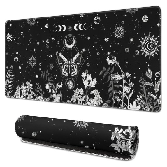 Long Mouse Pads for Desk,Black Gothic Sun Moon Flower Pattern Desk Mats on Top Of Desks, Desk Mouse Pad Extra Large with 3mm Non-Slip Base and Stitched Edge for Gaming,Office,Work,Home 31.5"x15.7"