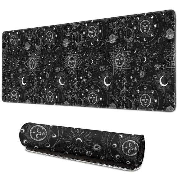 Long Mouse Pads for Desk,Black Gothic Sun Moon Pattern Desk Mats on Top Of Desks, Desk Mouse Pad Extra Large with 3mm Non-Slip Base and Stitched Edge for Gaming,Office,Work,Home 31.5"x11.8"