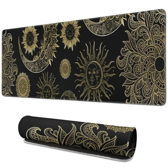 Long Mouse Pads for Desk,Black Gothic Sun Moon Pattern Desk Mats on Top Of Desks, Desk Mouse Pad Extra Large with 3mm Non-Slip Base and Stitched Edge for Gaming,Office,Work,Home 31.5"x11.8"